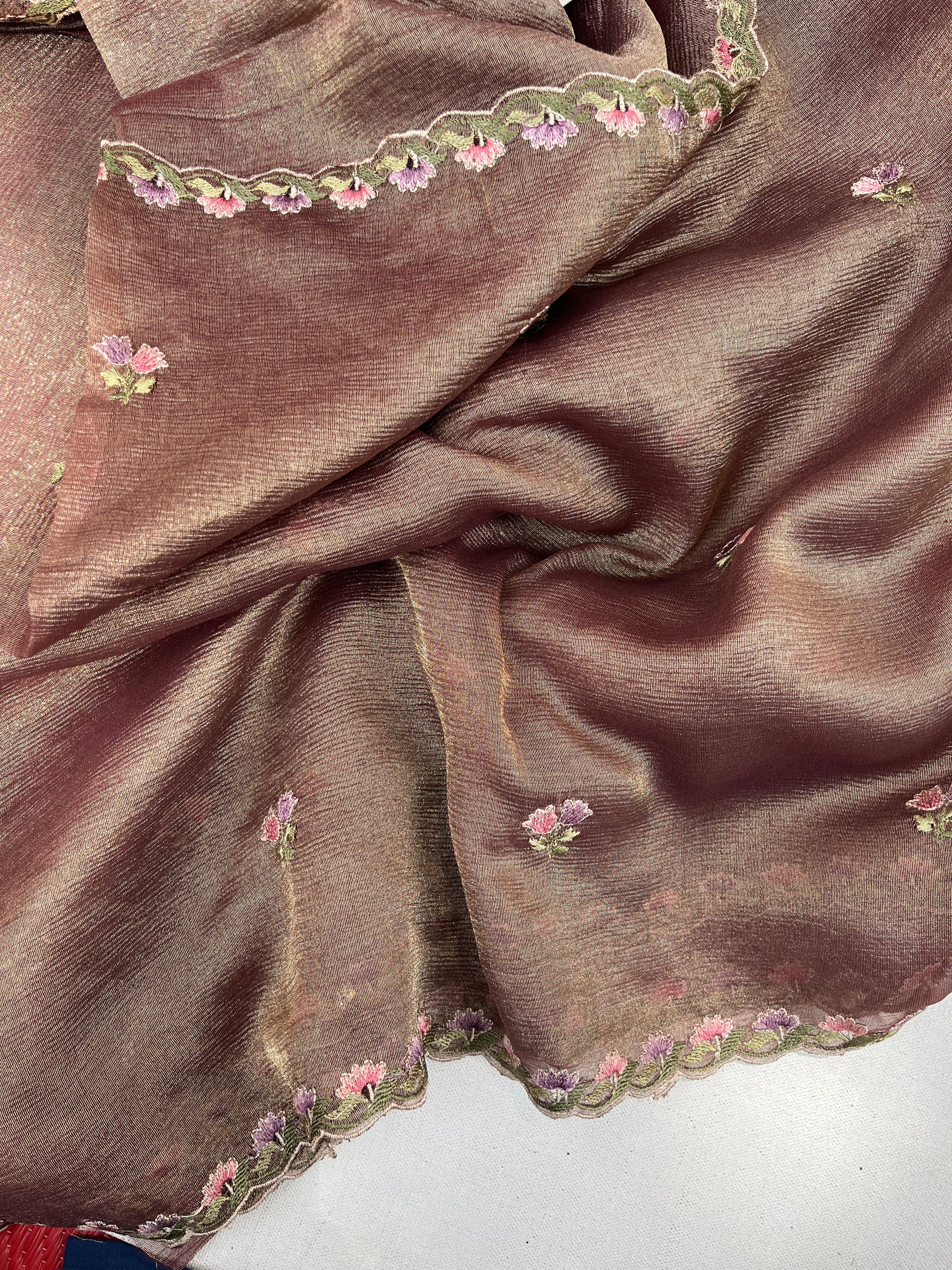 Gold Floral Crushed Tissue Organza Saree